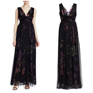NWT CHIARA BONI LA PETITE ROBE Nachelle Floral Print Tulle Overlay Layered Gown
